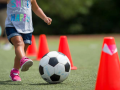 A child kicking a soccer ball between orange cones