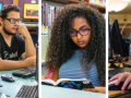 four students looking at computers and reading