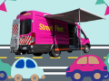 Illustrated assorted cars and a mobile outreach truck for LAPL, Raspberry